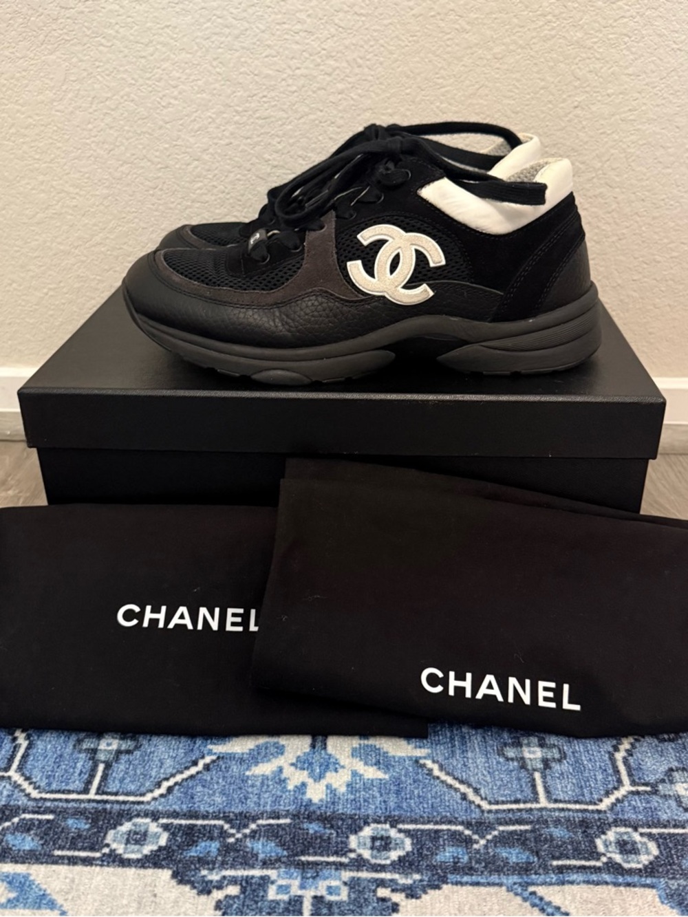 CHANEL Black and White CC Logo Athletic Sneaker 39
